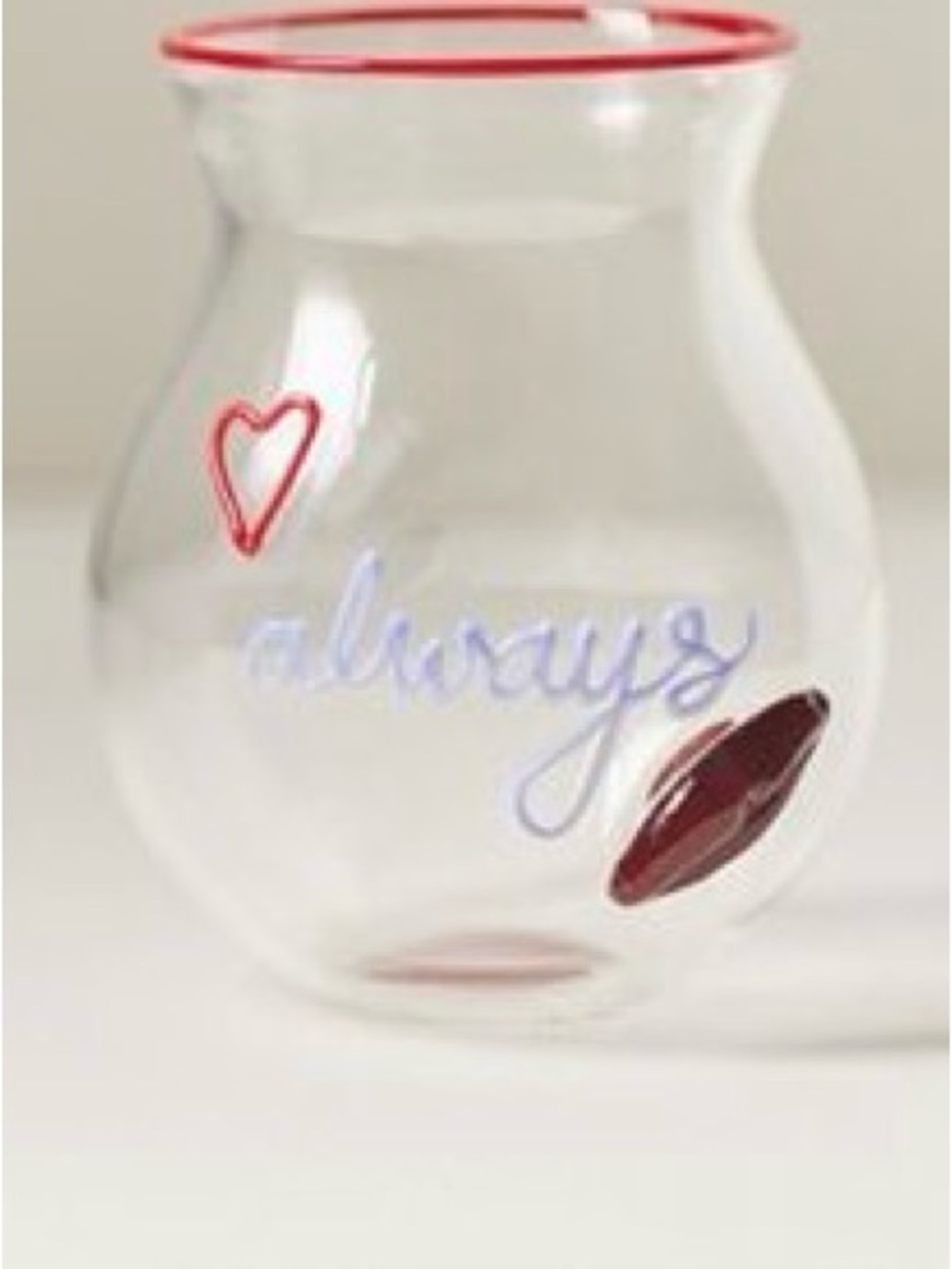 Anthropologie Clear Glass Vase with Red Trim and Heart Accent